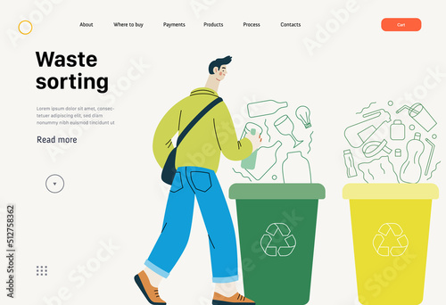 Ecology - Waste sorting -Modern flat vector concept illustration of a young man putting a glass bottle into the garbage container for glass waste. Creative landing web page template