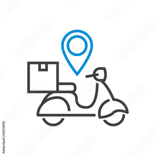 Logo buscador de paquete de entrega a domicilio. Vector con scooter y caja con marcador de posición con líneas en color azul y gris
