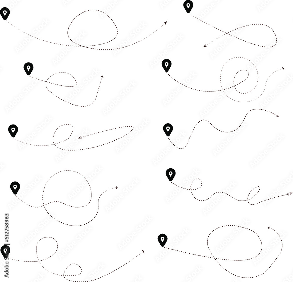 Set of dashed line with different location arrows Set of dashed line with different location arrows