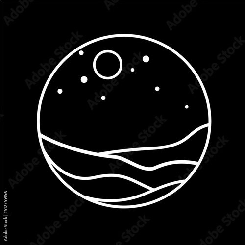 monoline illustration depicting a beach in summer or at night, inspired by the southern coast of the island of Java in Indonesia at sunset