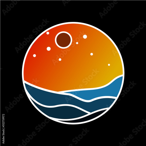 monoline illustration depicting a beach in summer or at night, inspired by the southern coast of the island of Java in Indonesia at sunset