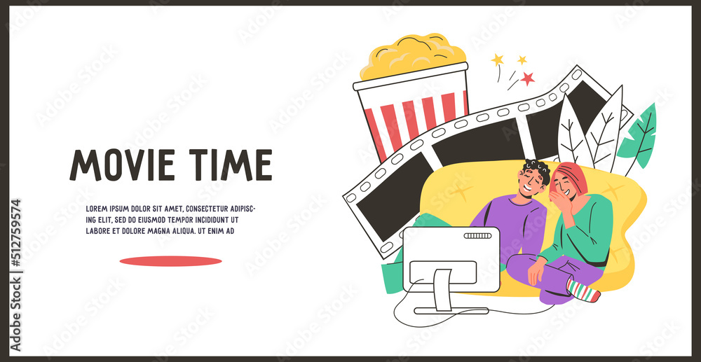 Movie Time web banner or poster template with people watching tv, flat cartoon vector illustration. Home cinema and streaming or online TV service advertising poster for web.