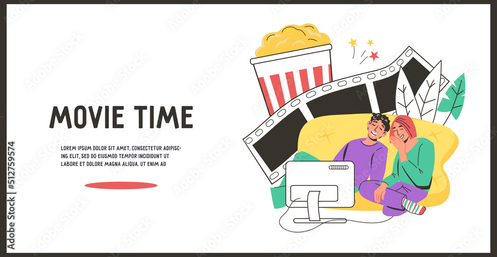 Fototapeta premium Movie Time web banner or poster template with people watching tv, flat cartoon vector illustration. Home cinema and streaming or online TV service advertising poster for web.
