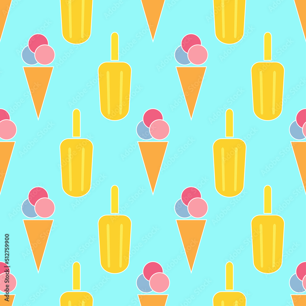 Ice cream seamless pattern. Flat icon ice cream with white outline. Summer background with ice cream. Modern design for print on fabric, wrapping paper, wallpaper, packaging. Vector illustration Ice cream seamless pattern. Flat icon ice cream with white outline. Summer background with ice cream. Modern design for print on fabric, wrapping paper, wallpaper, packaging. Vector illustration