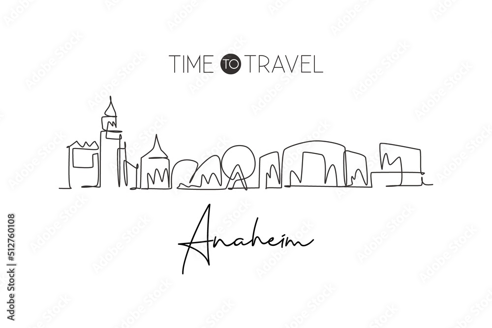 One single line drawing of Anaheim city skyline, California. Historical town landscape in the world. Best holiday destination. Editable stroke trendy continuous line draw design vector illustration