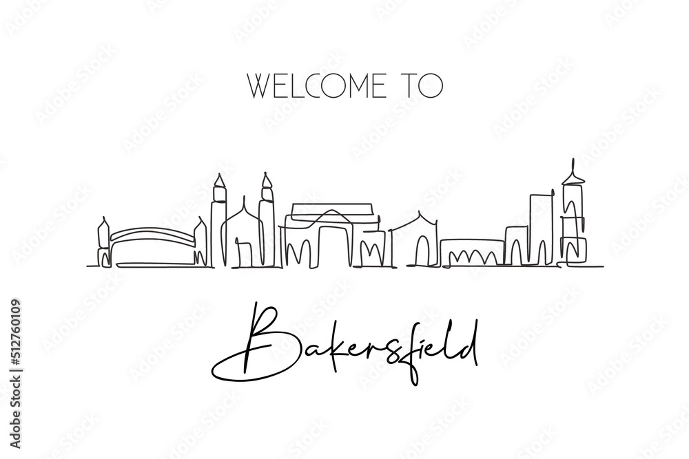 Obraz premium One single line drawing Bakersfield city skyline, California. Historical town landscape in the world. Best holiday destination. Editable stroke trendy continuous line draw design vector illustration