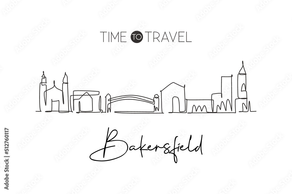 Single continuous line drawing of Bakersfield city skyline, California. Famous scraper landscape. World travel home wall decor art poster print concept. Modern one line draw design vector illustration