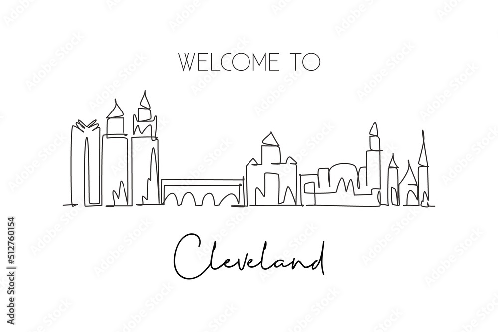 One continuous line drawing of Cleveland city skyline, Ohio. Beautiful landmark. World landscape tourism travel home wall decor poster print art. Stylish single line draw design vector illustration