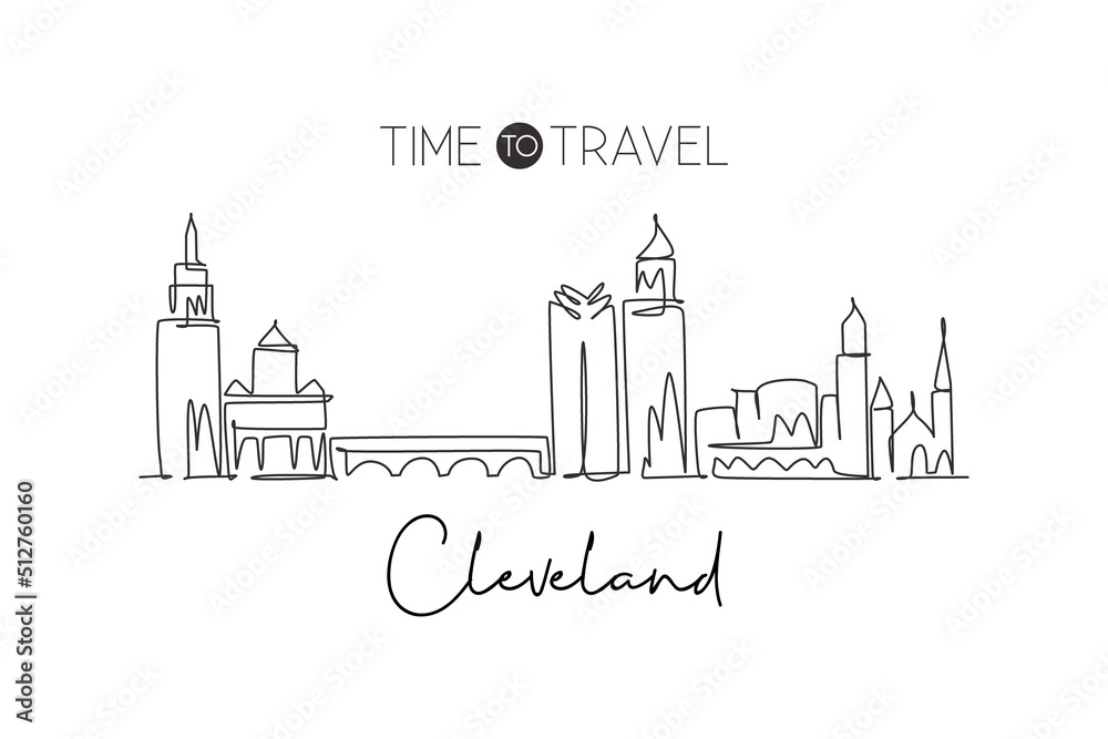 One single line drawing of Cleveland city skyline, Ohio. Historical town landscape in world. Best holiday destination wall decor. Editable stroke trendy continuous line draw design vector illustration