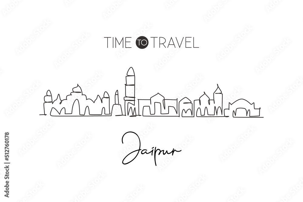 One continuous line drawing of Jaipur city skyline, India. Beautiful landmark. World landscape tourism travel home wall decor poster print art. Stylish single line draw design vector illustration