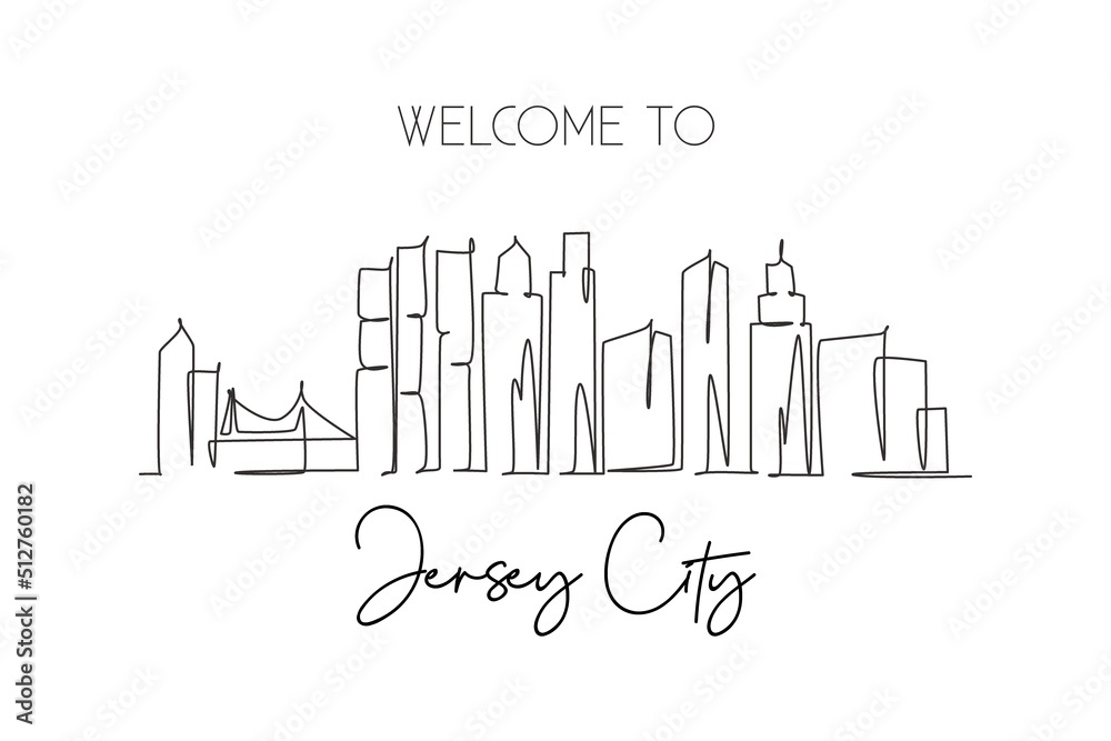 One continuous line drawing of Jersey City skyline, New Jersey. Beautiful landmark. World landscape tourism travel home wall decor poster print. Stylish single line draw design vector illustration