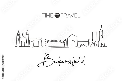 Single continuous line drawing of Bakersfield city skyline  California. Famous scraper landscape. World travel home wall decor art poster print concept. Modern one line draw design vector illustration