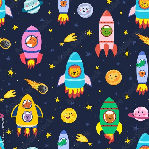Cute animals flying in rockets seamless pattern. Background for kids with funny characters travelling in space. Great for fabric and wrapping paper. Vector illustration