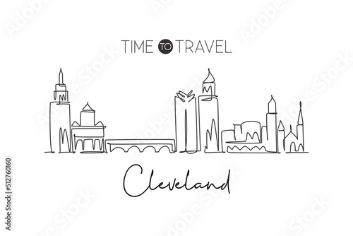 One single line drawing of Cleveland city skyline  Ohio. Historical town landscape in world. Best holiday destination wall decor. Editable stroke trendy continuous line draw design vector illustration