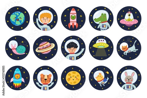 Stickers collection with cute space characters. Space badges with kids astronauts, animals, planets and aliens. Funny round labels set for kids design. Vector illustration