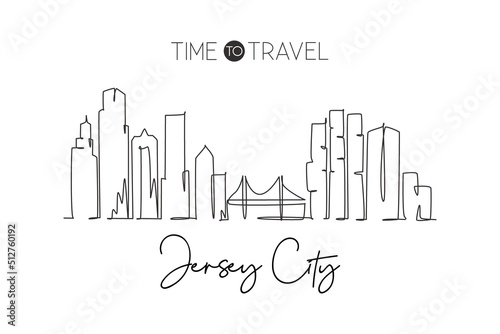 One single line drawing of Jersey City skyline  New Jersey. Historical town landscape in the world. Best holiday destination. Editable stroke trendy continuous line draw design vector illustration