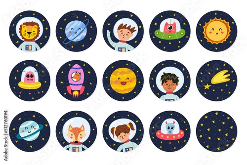 Cute stickers collection with space characters. Space labels with boys and girls astronauts, animals, planets and aliens. Round badges set for kids design. Vector illustration © juliyas