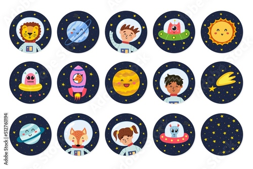 Cute stickers collection with space characters. Space labels with boys and girls astronauts, animals, planets and aliens. Round badges set for kids design. Vector illustration