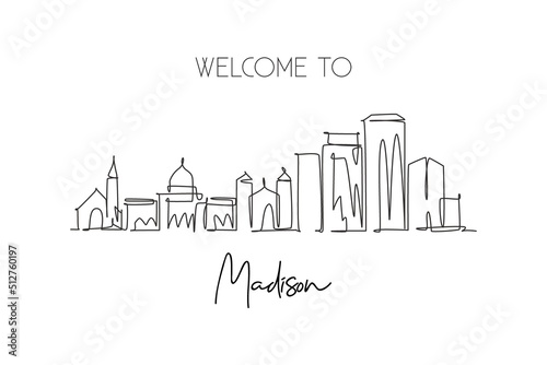 Single continuous line drawing of Madison city skyline, Wisconsin. Famous city scraper landscape. World travel home wall decor art poster print concept. Modern one line draw design vector illustration