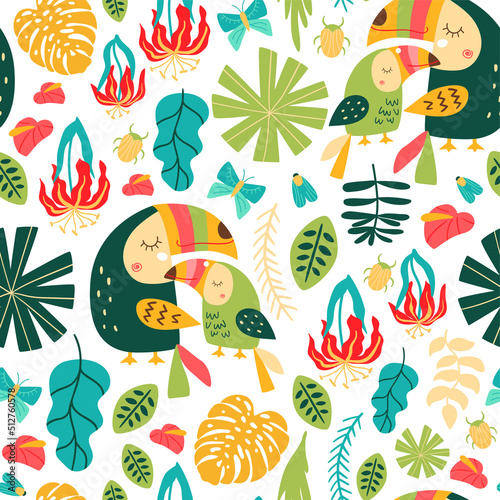 Jungle forest pattern with toucan birds. Abstract bright jungle seamless pattern. Summer tropical background. Vector illustrations of toucan, leaves, flowers, bug, butterfly Mom and baby poster, card.