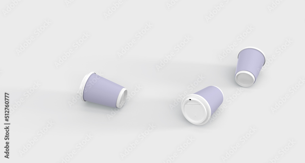 3D Used paper coffee cups, discarded trash on white background. Environmental pollution by waste, recycle garbage. Purple mugs with plastic lids for takeaway drinks, disposable packaging, 3d render 3D Used paper coffee cups, discarded trash on white background. Environmental pollution by waste, recycle garbage. Purple mugs with plastic lids for takeaway drinks, disposable packaging, 3d render