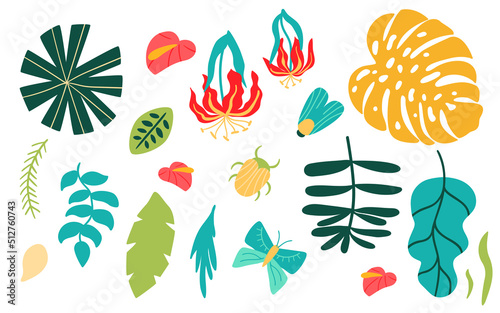 Jungle leaves set. Tropical leaves flowers isolated elements, bugs, butterfly summer tropic collection. Jungle tropical plants clip art. Funny vector illustration, hand drawn jungle leave collection.