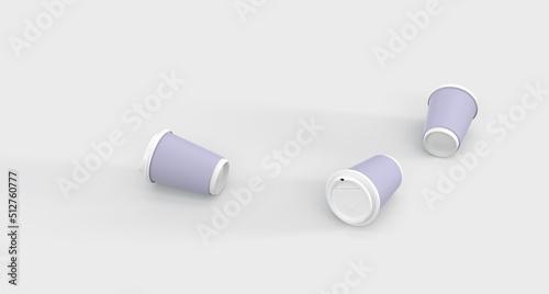 3D Used paper coffee cups, discarded trash on white background. Environmental pollution by waste, recycle garbage. Purple mugs with plastic lids for takeaway drinks, disposable packaging, 3d render
