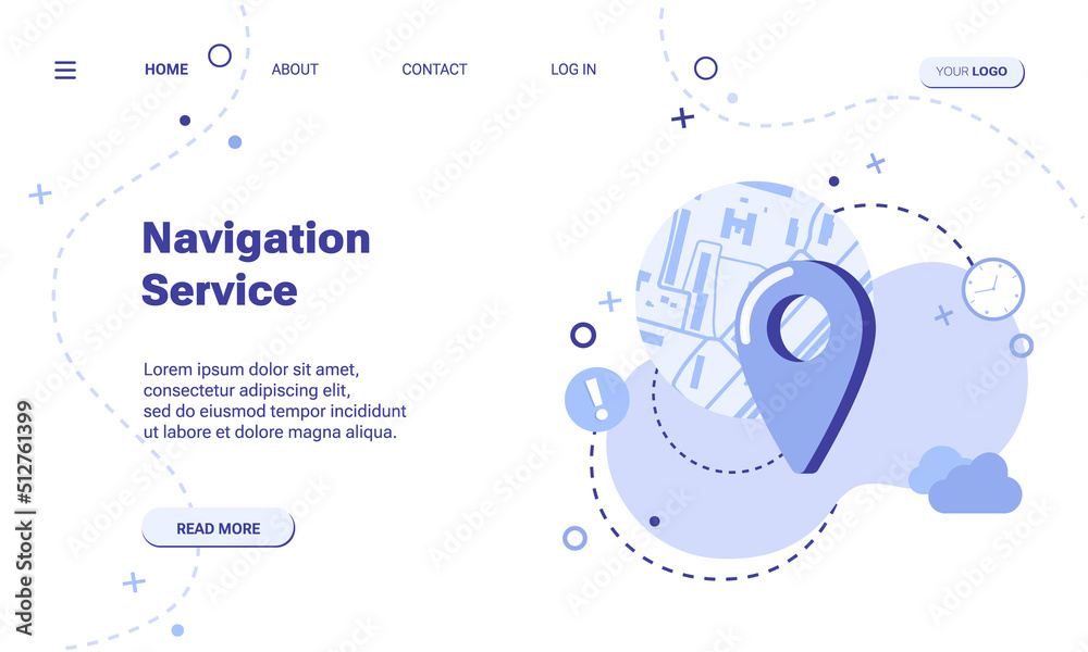 Navigation service concept web banner or landing page template with map pin icon flat illustration