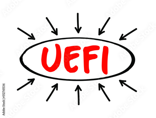 UEFI Unified Extensible Firmware Interface - publicly available specification that defines a software interface between an operating system and platform firmware, acronym text with arrows