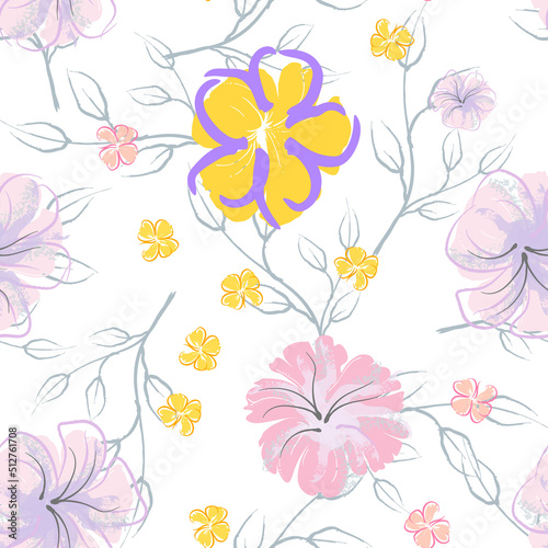 Pink Flowers Blooming Pattern. Pastel Watercolor.