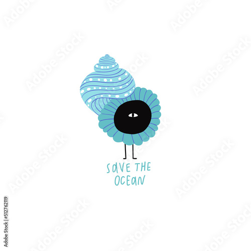 Ilustration with sea shell and text save the ocean