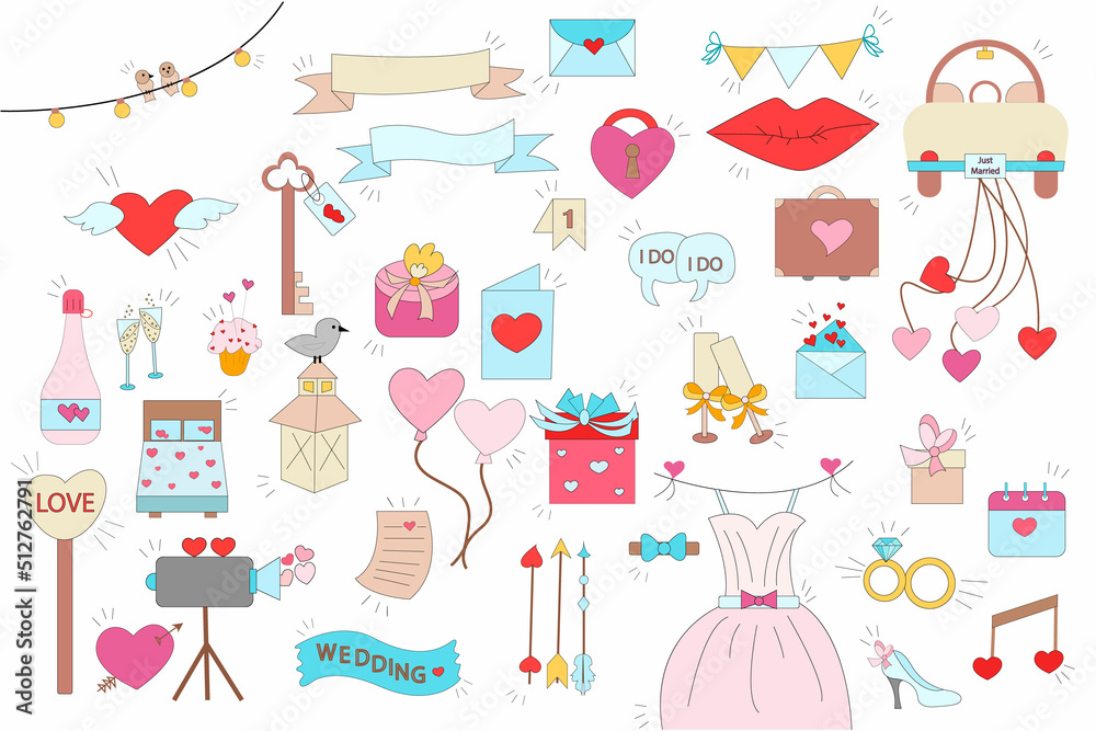 Wedding icons. Car, letter, key, dress, gifts, glasses, rings, champagne. Wedding ema for your design on a light