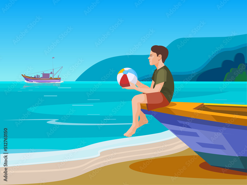 Boy Sitting on A Boat, hand-holding Ball, Beach, and boating