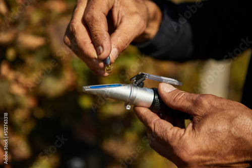A man squeezes grapes into a refractometer for measurement