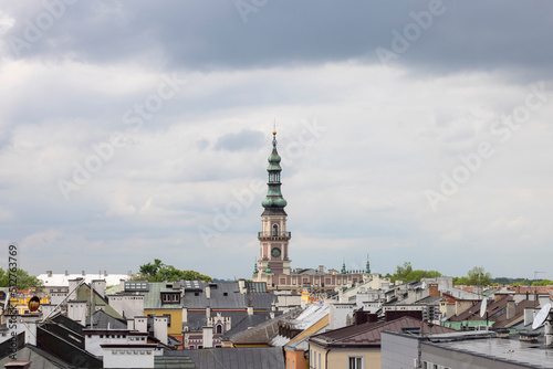 Aerial view of the city from the clock tower of the Town Hall building, Zamosc, Poland