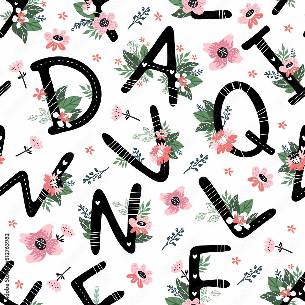 Seamless pattern of letters with floral design. Font background.