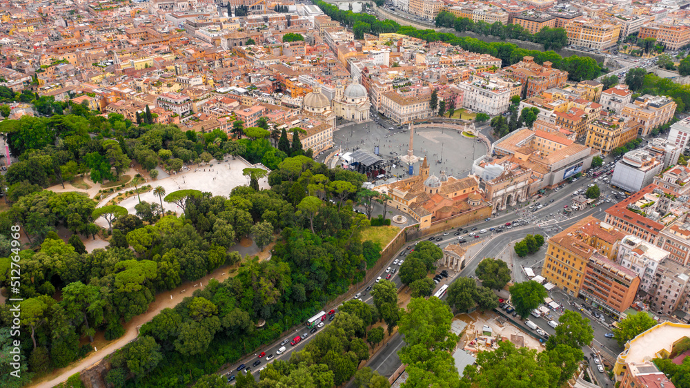Aerial view of Piazza del Popolo, the Villa Borghese park and the Pincio terrace in Rome, Italy.