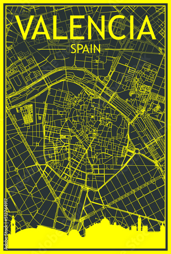 Yellow printout city poster with panoramic skyline and hand-drawn streets network on dark gray background of the downtown VALENCIA, SPAIN