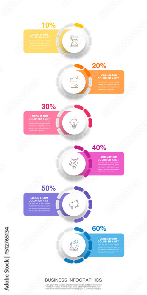 Modern vector infographics design template. Concept with six steps, labels. Creative timeline with graph elements, percentage circles and icons. Performance analysis in percent Modern vector infographics design template. Concept with six steps, labels. Creative timeline with graph elements, percentage circles and icons. Performance analysis in percent