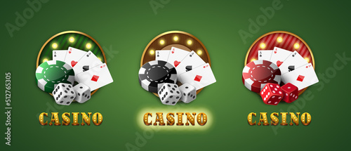 Casino label. Casino concept. Composition on the theme of casino and gambling. 3d logos. Vector clipart isolated on green background.