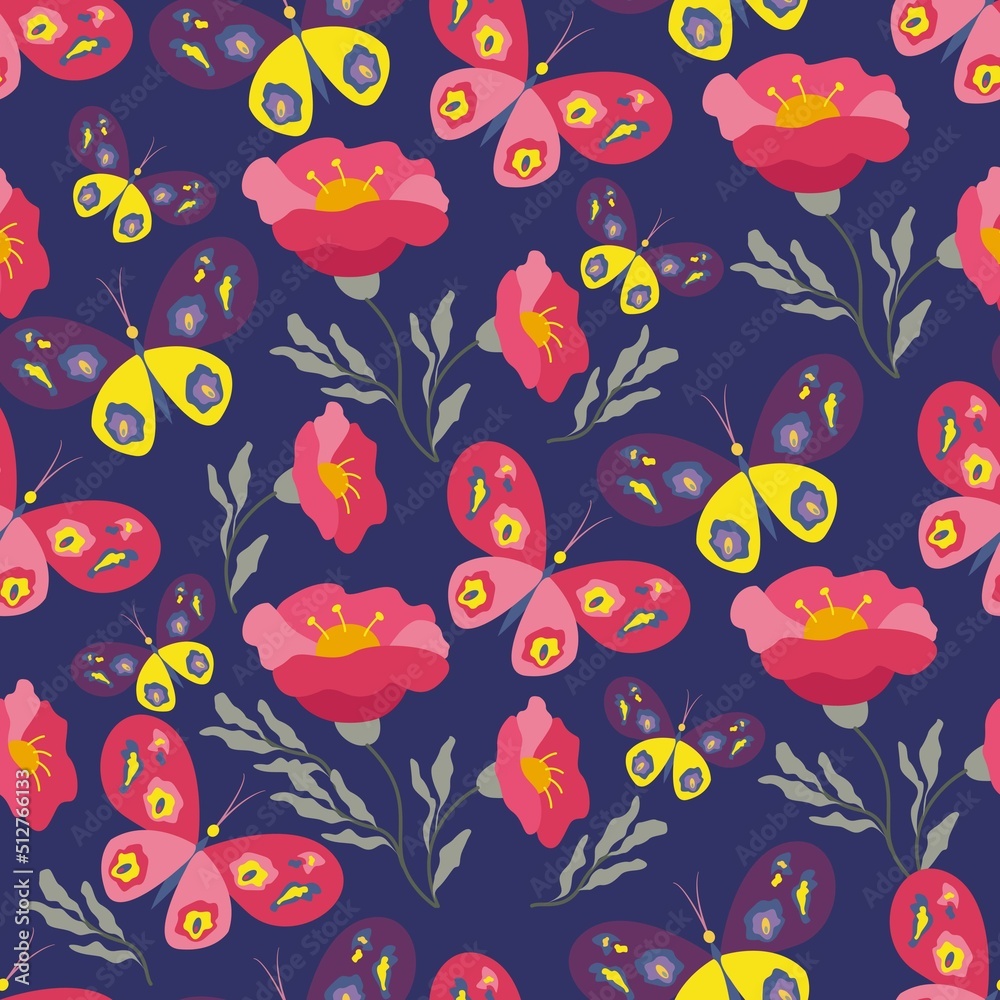 Floral background with butterflies, bright flowers seamless pattern. Vector illustration.