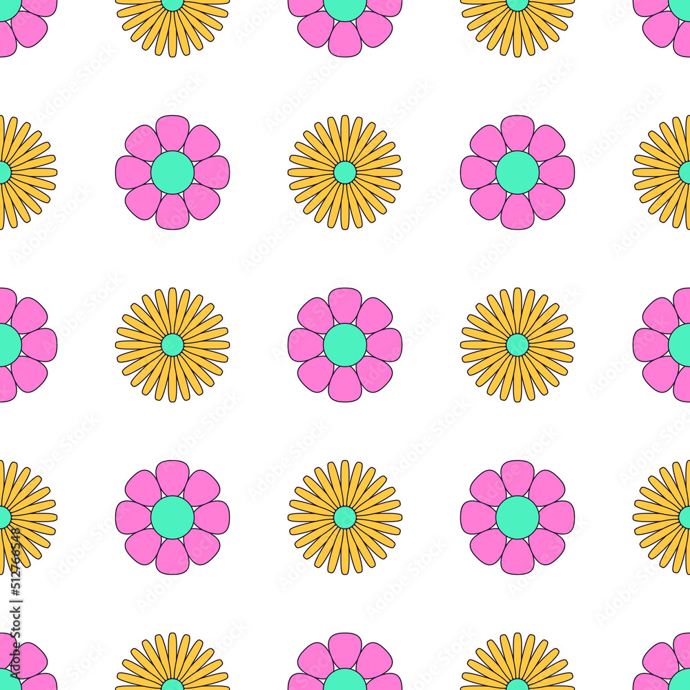 Vector seamless pattern with simple geometric graphic hippie flowers for print, paper, textile, cover, fabric, interior decor.Flat minimal colorful retro or vintage illustration Vector seamless pattern with simple geometric graphic hippie flowers for print, paper, textile, cover, fabric, interior decor.Flat minimal colorful retro or vintage illustration