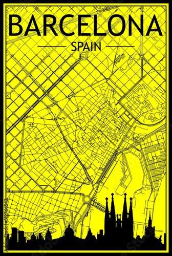 Photography Golden printout city poster with panoramic skyline and hand-drawn streets networ
