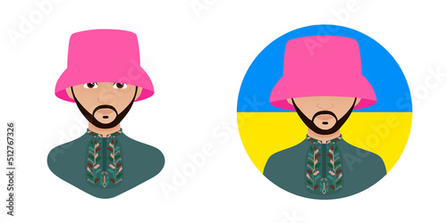 Avatar of a man in a pink headdress, in panama. Zelensky. Trend panama. A man in the national Ukrainian vyshyvanka against the backdrop of the moisture of Ukraine.