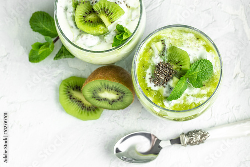 Chia seed pudding made with lactose-free yogurt, kiwi and mint, Delicious breakfast or snack, banner, menu, recipe, place for text,