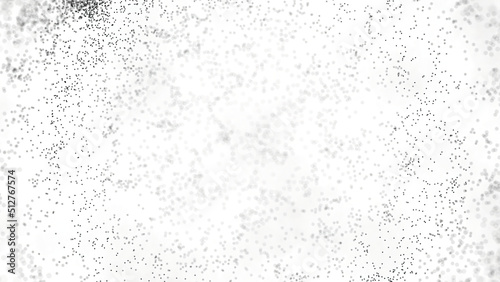Abstract black randomly moving dots on white background. Animation. Small black particles move on bright white background. Effect of alternating blur and sharpness