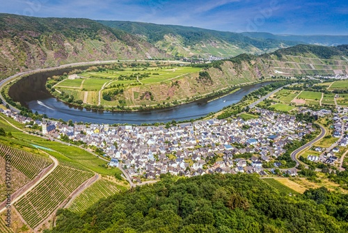 View of the Mosel loop near the village of Bremm in Rhineland-Palatinate during the day i