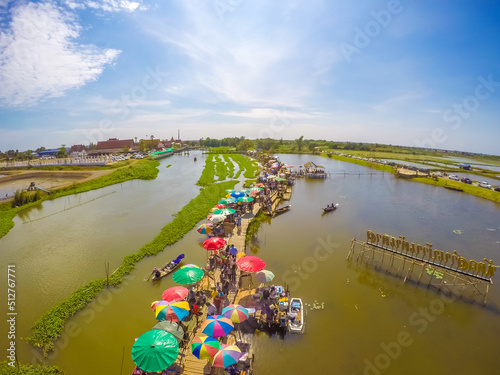 Saphan Khong Floating Market,Song Phi Nong District,Suphanburi,Thailand on December 15,2018:Bird's-eye view of the market seen from giant fish trap viewpoint.