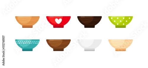 Empty ceramic bowls, deep plates, wooden dishes for soup and salad. Vector cartoon set of kitchen tableware, bright plastic or pottery utensil isolated on white background