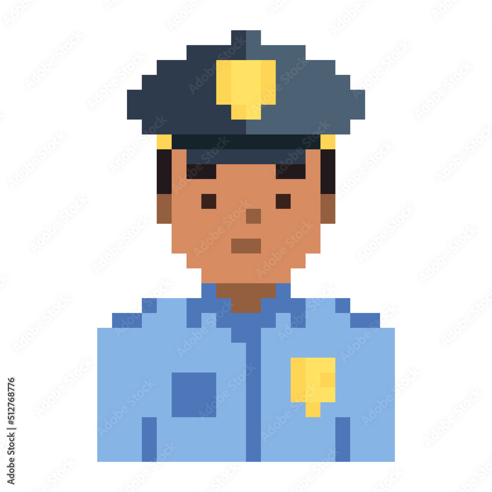 Policeman pixel game style illustration. Cop vector pixel art design. 8 bit sheriff character icon. Officer isolated on white background. Policeman pixel game style illustration. Cop vector pixel art design. 8 bit sheriff character icon. Officer isolated on white background.